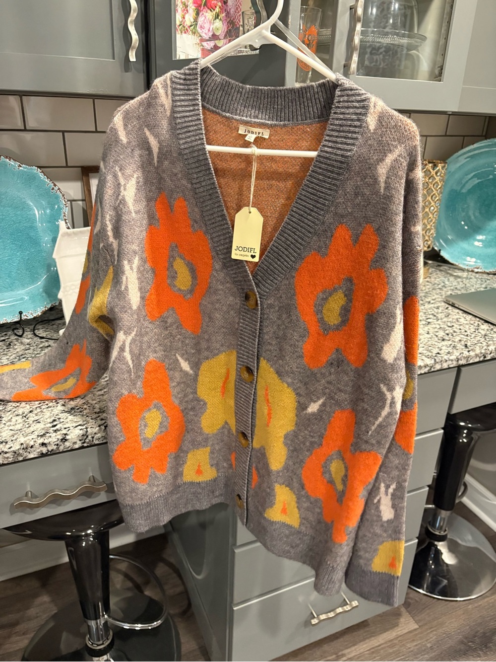 Floral V-Neck Cardigan Sweater - Gray with Orange & Yellow Blooms - Picture 4 of 6